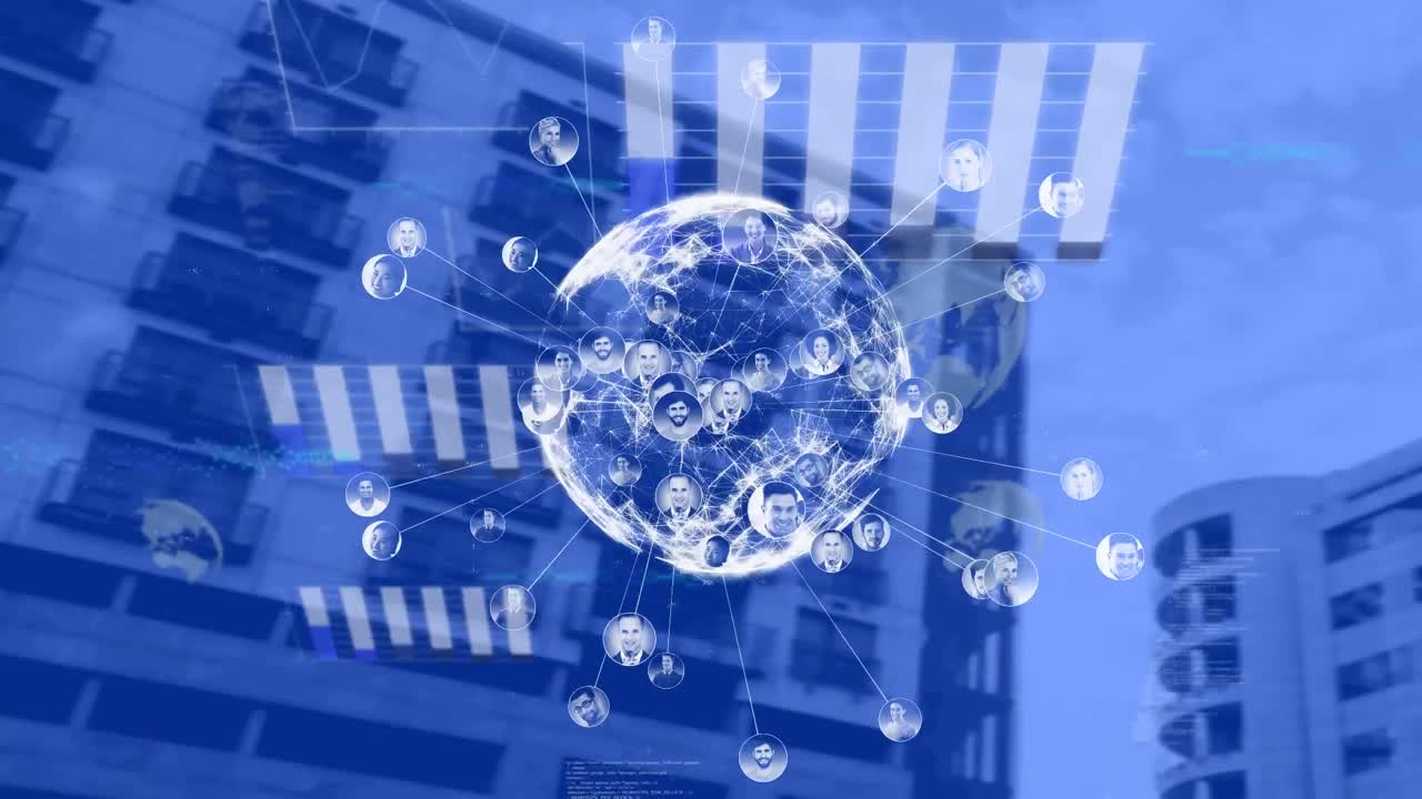 현대적인 건물을 배경으로 연결하는 네트워크와 함께 통계와 지구의 애니메이션