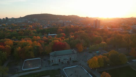 aerial view of montreal in autumn at sunset