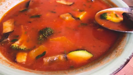 comiendo una sabrosa sopa minestrone con verduras frescas