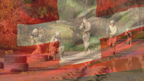 animation of flag of switzerland over diverse soldiers with guns