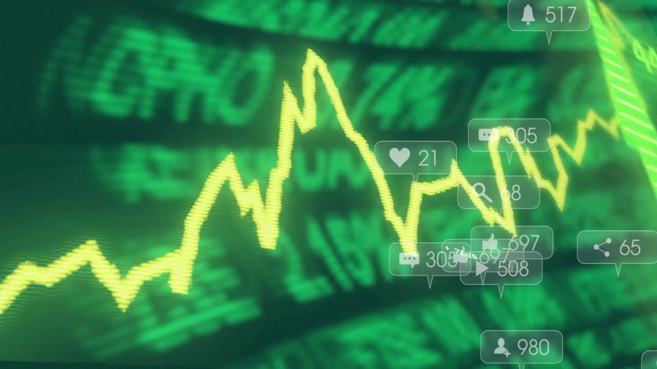 Ticker filling sparking chart rising, peaking, waving and bubbles gathering showing market buzz