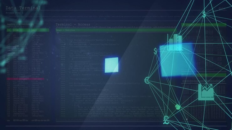 Animation of loading ring over data processing and network of connections