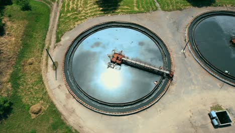 wastewater treatment plant. flight along the treatment plant. drone video. 4k stock footage.
