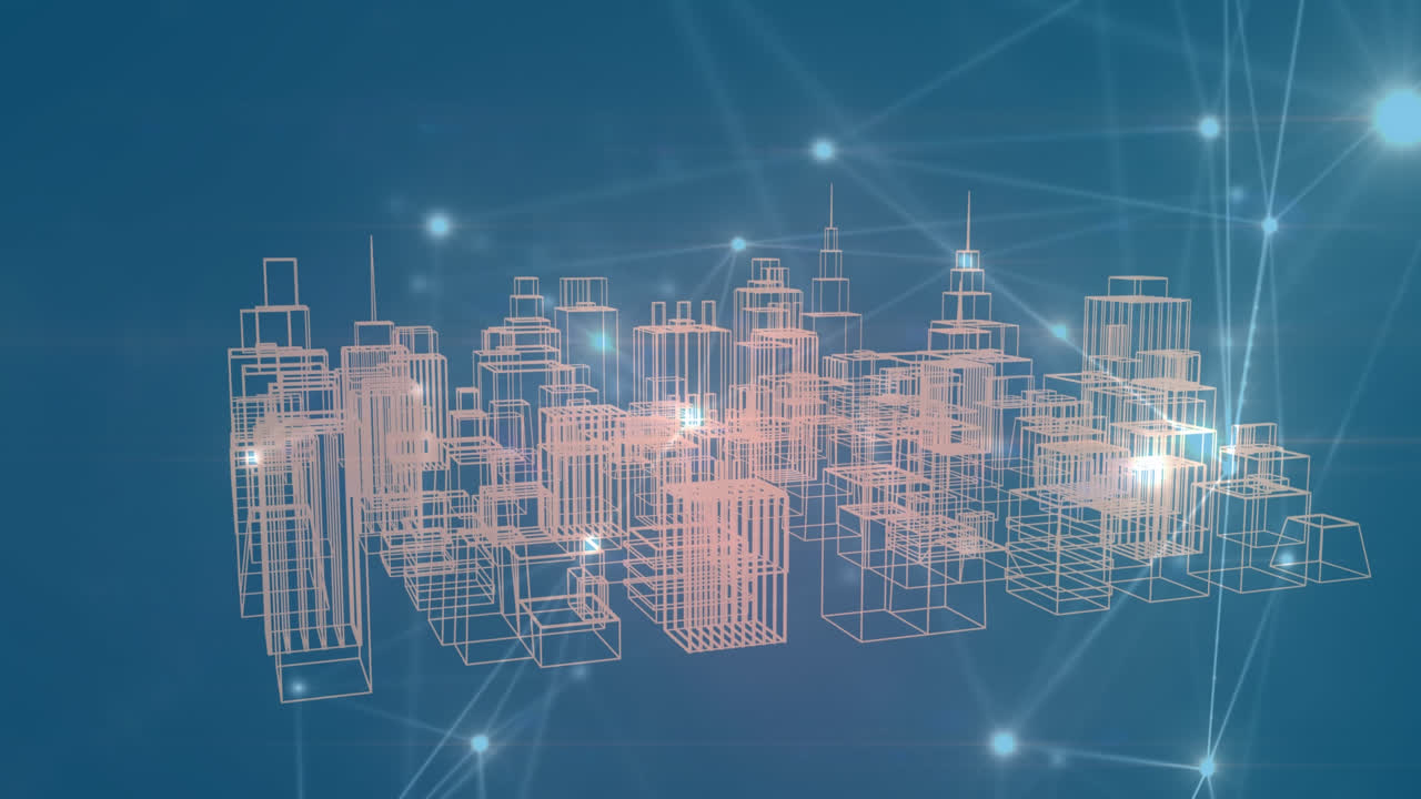 파란색 배경에 도시를 연결하는 네트워크의 애니메이션