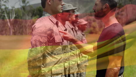 waving germany flag against army sergeant screaming in anger on a soldier at training camp