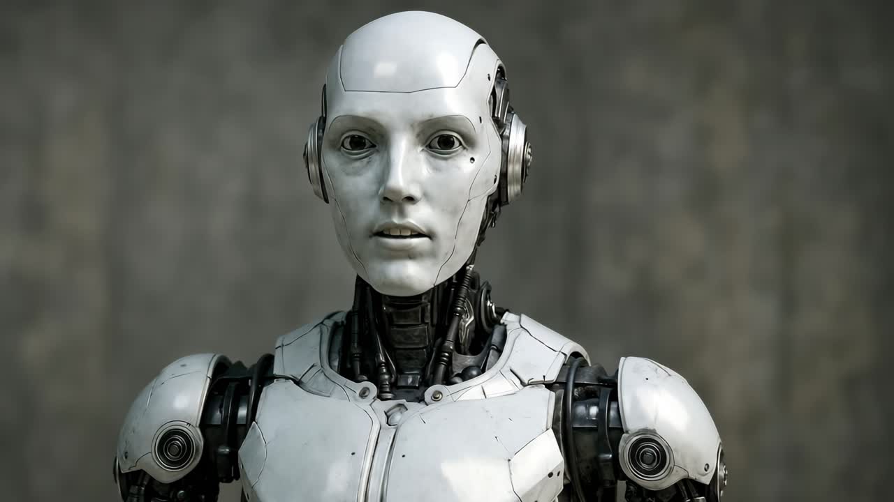 Futuristic humanoid robot with a neutral expression, captured in a close-up, eye-level angle