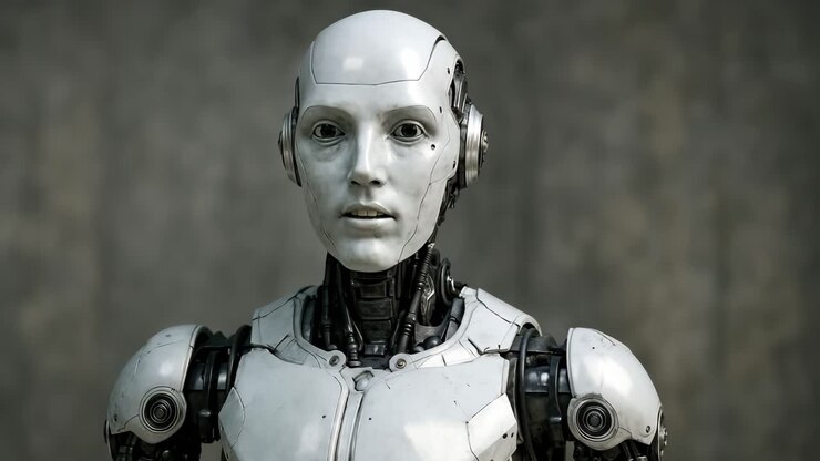 Robot umanoide futuristico con un'espressione neutra, catturato in un primo piano, angolazione all'altezza degli occhi