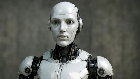 futuristic humanoid robot with a neutral expression, captured in a close-up, eye-level angle