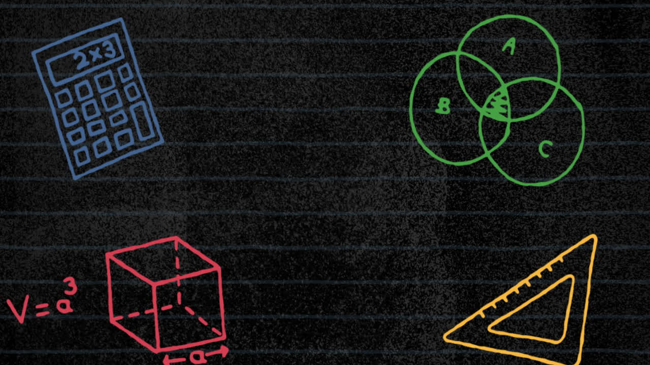 animación de iconos de conceptos matemáticos contra el cambio de efecto grunge en fondo negro con espacio de copia