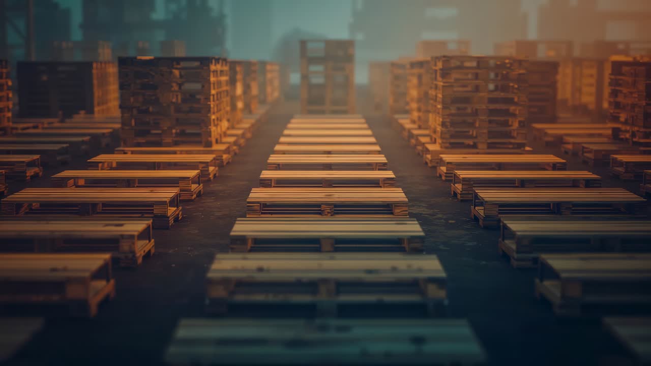 Moving camera pushing forward through main aisle in industrial yard, revealing wooden pallet stacks