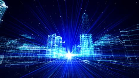 4k 3d digital virtual smart city cyberspace in the city loop background flying icon numbers and