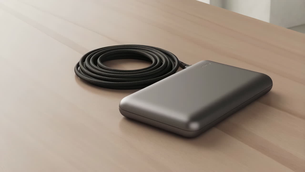 External Hard Drive or Power Bank with Braided Cable on Wooden Desk