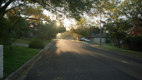 wide shot of empty street road in quiet and still neighborhood at sunrise