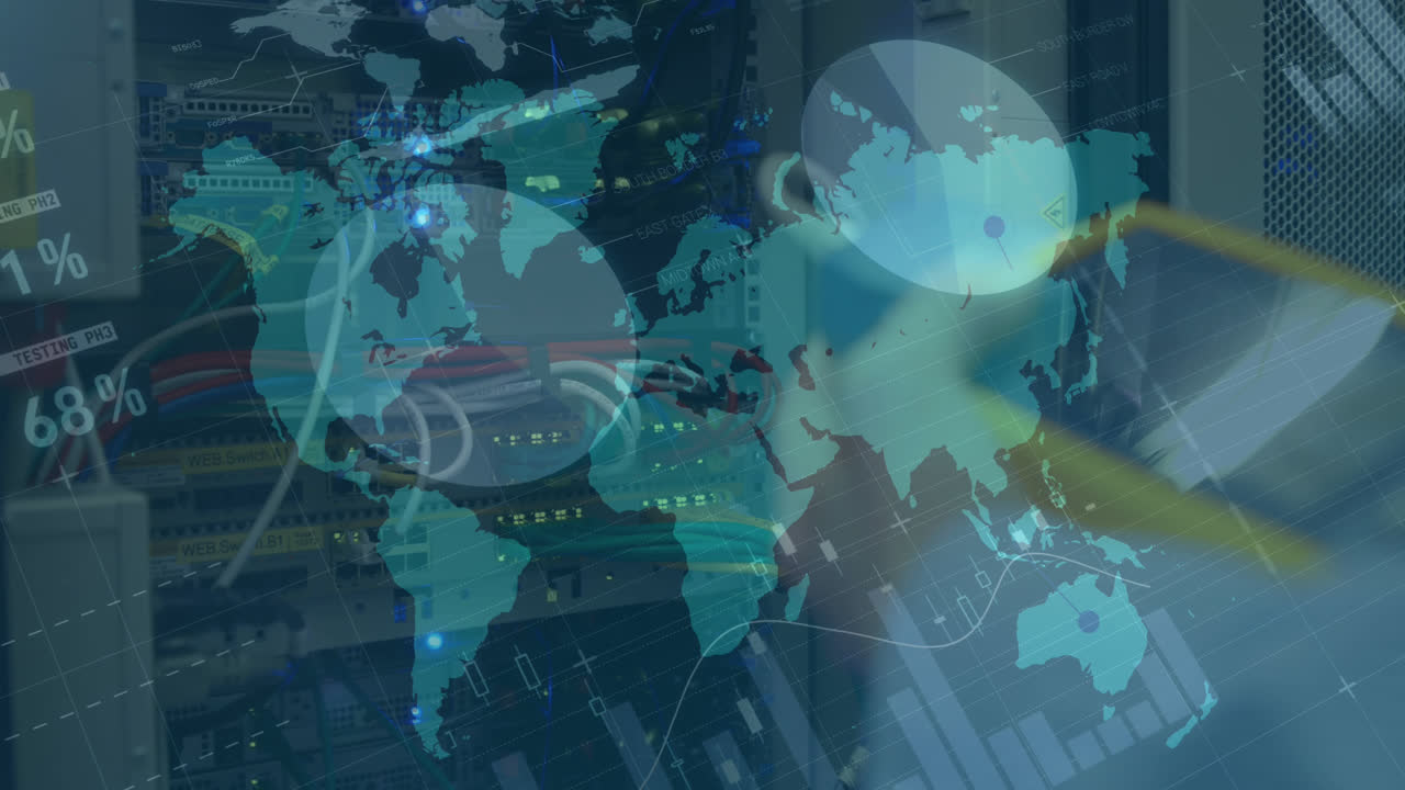 Financial data processing over world map against person working in server room
