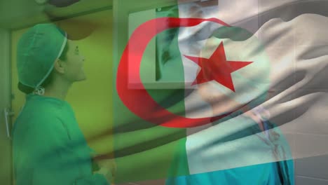 Animation-of-flag-of-algeria-over-diverse-female-surgeons-analyzing-patient-x-ray-report-in-hospital