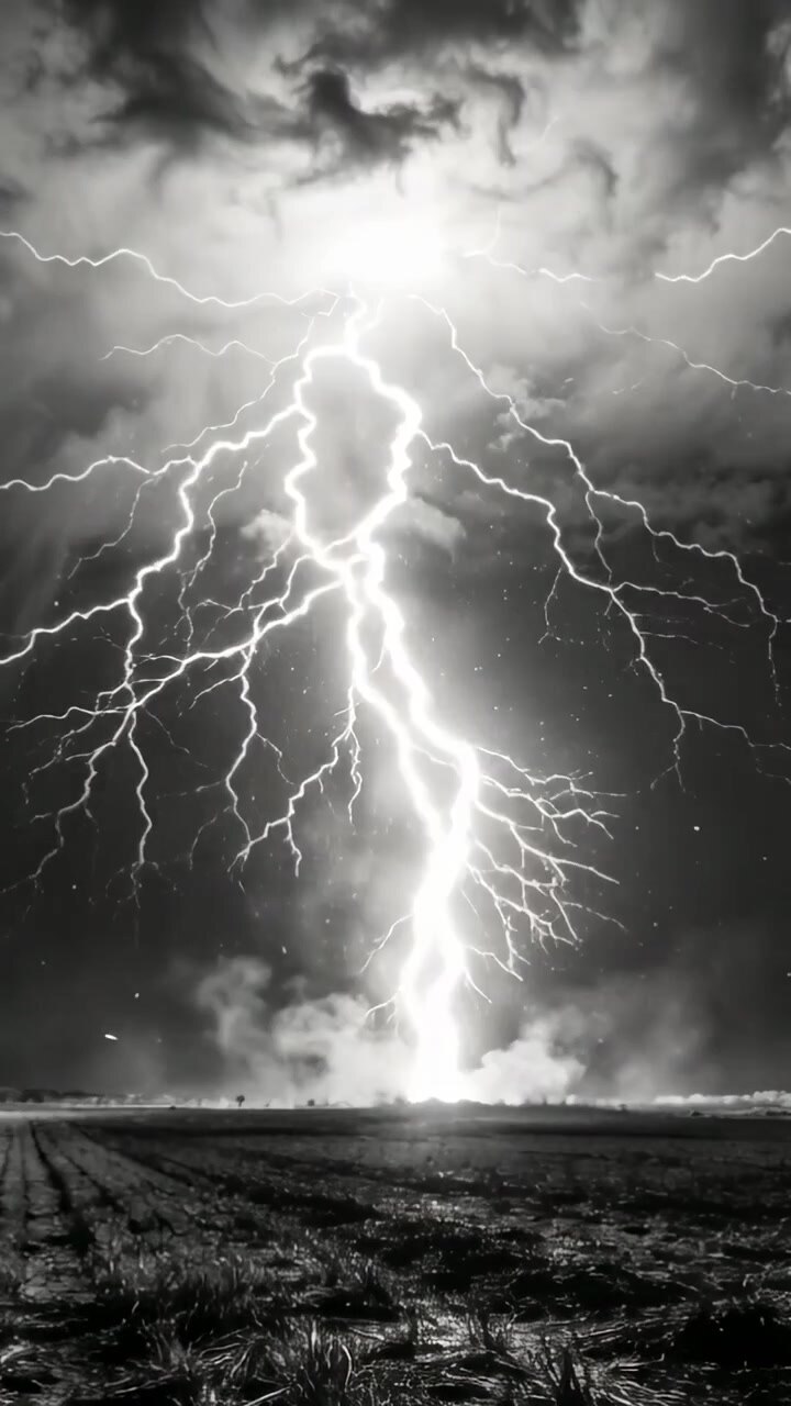 Video verticale: Potente fulmine che si abbatte da nuvola a terra da una tempesta sulla pianura, illuminando i solchi e generando fumo.