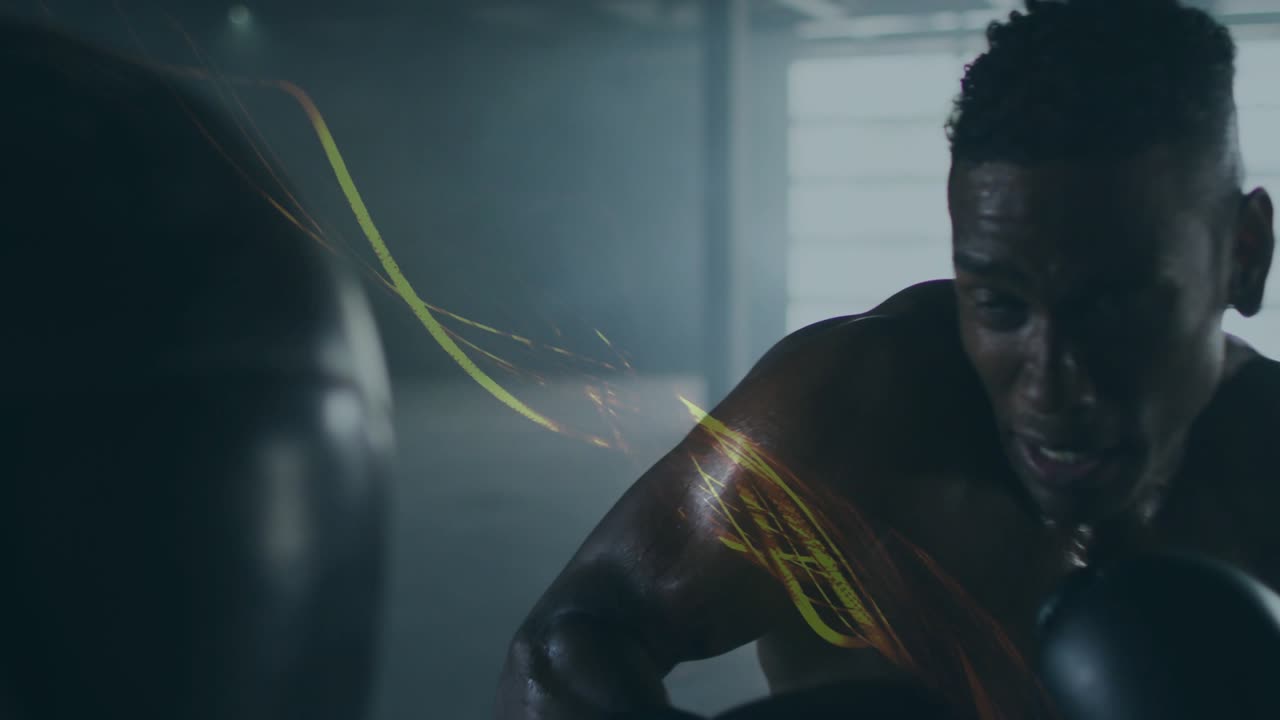 Boxer starting jab, throwing combos, showing motion trails wrapping gloves and heavy bag training