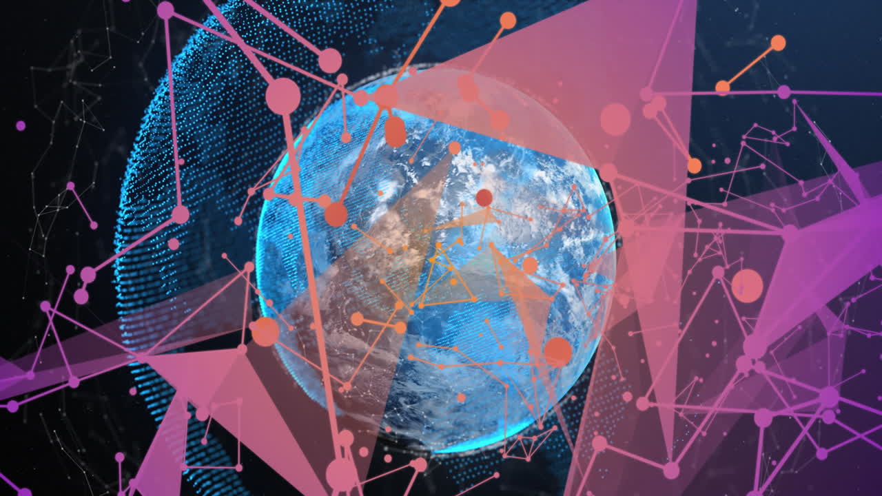 추상적인 배경에 대해 회전하는 지구 위에 기하학적 모양을 형성하는 연결된 점의 애니메이션