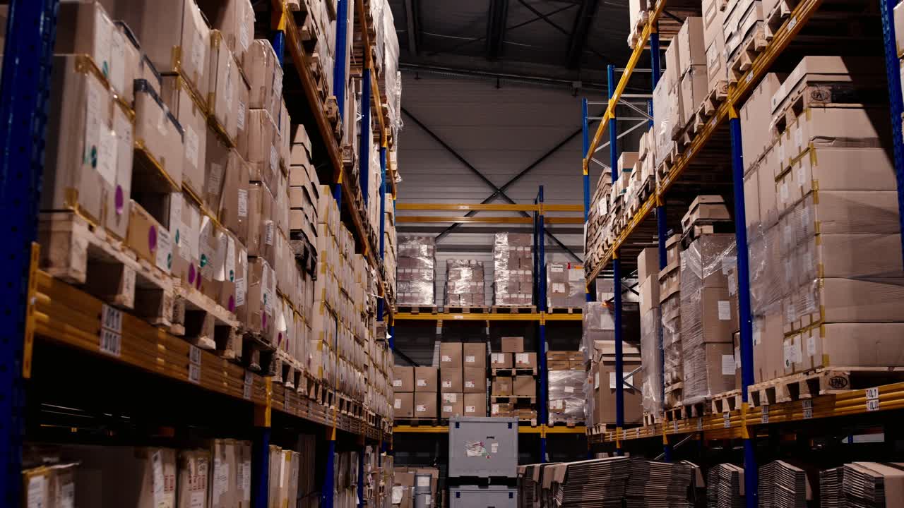 sitio de almacenamiento de la fábrica aérea, almacén donde innumerables cajas están meticulosamente dispuestas en estantes robustos