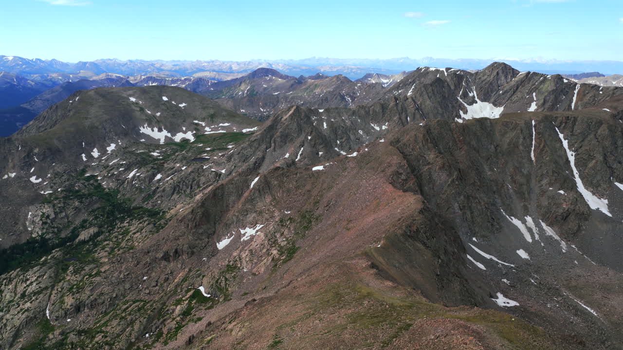 Halo Ridge trail morning Notch Mountain view of Tuhare Constantine Lakes spring summer aerial drone Colorado Mount of the Holy Cross Wilderness Sawatch Range Rocky Mountains landscape forward upwards