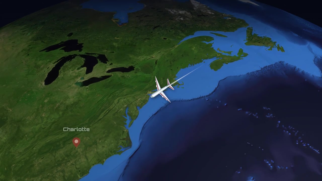 Animated Flight Path from Istanbul to Charlotte on Globe