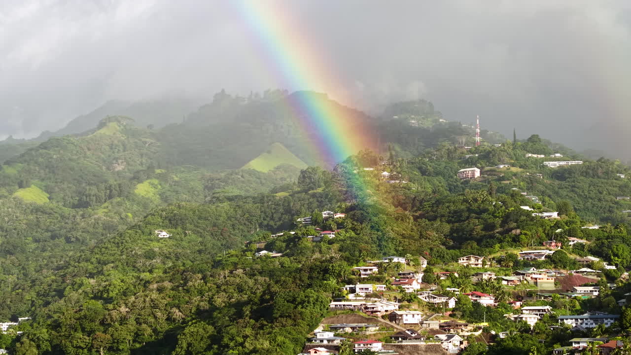Aerial View of Rainbow Above Tahiti Island and Papeete, French Polynesia