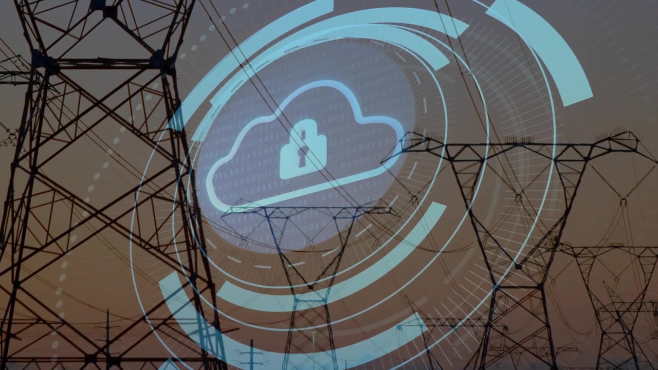 Opening towers scene, data dots appearing, spinning HUD ring pulsing cloud icon securing network