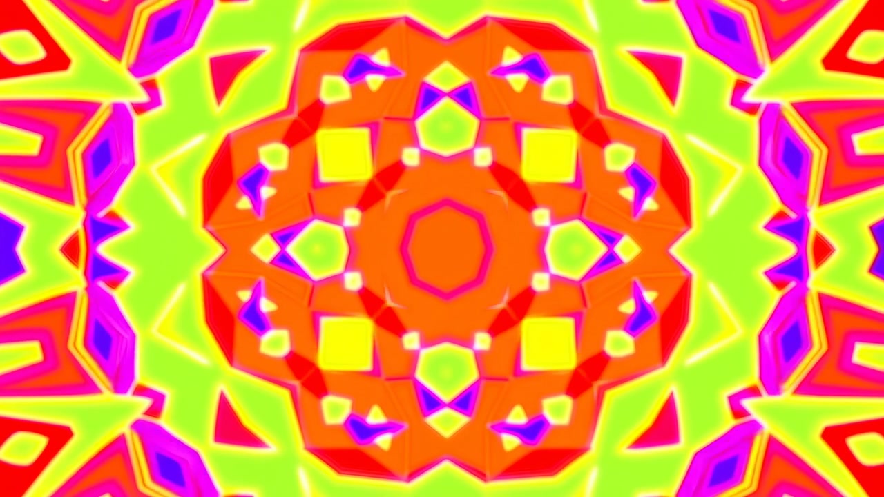 Caleidoscopio vivido di gialli, rosa e verdi neon con geometria specchiata. Poligoni concentrici formano un mandala radiante, contorni luminosi, texture ad alto contrasto, pronto come audace sfondo animato per.