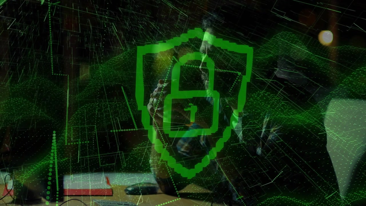 Man touching face as green security overlay appearing forming shield becoming padlock securing data