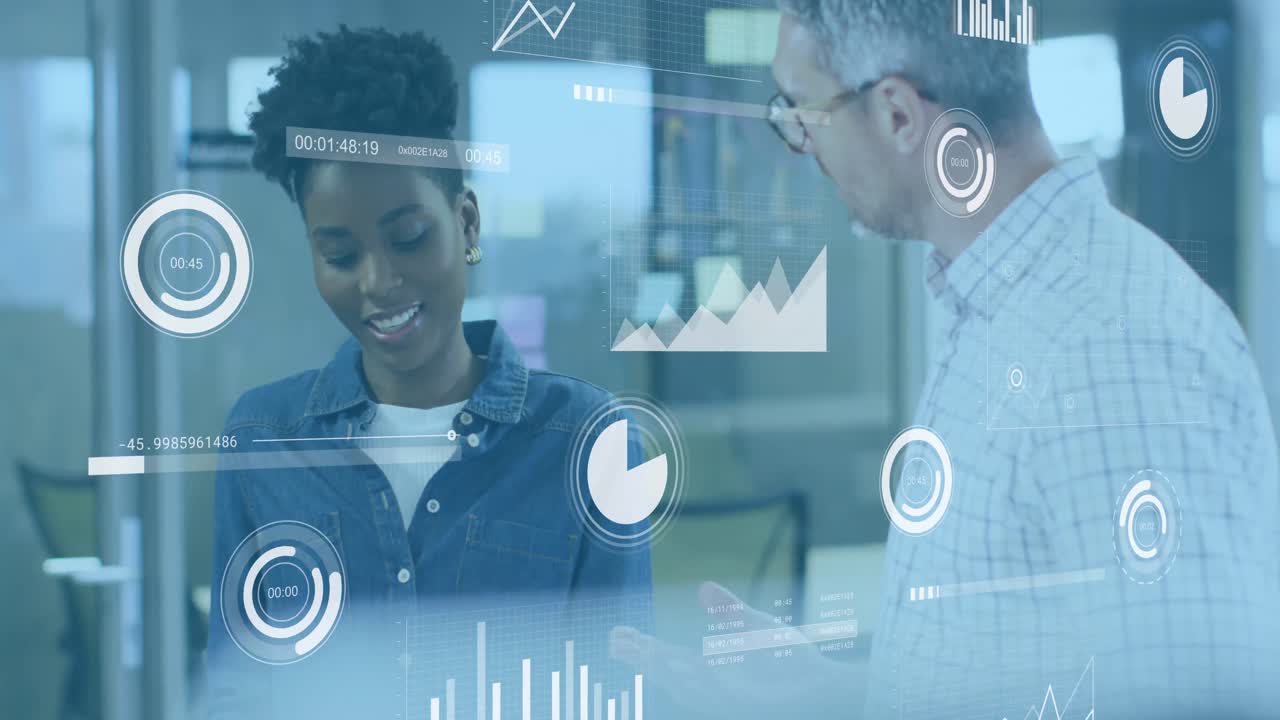 Animation of data processing over diverse business people working at office