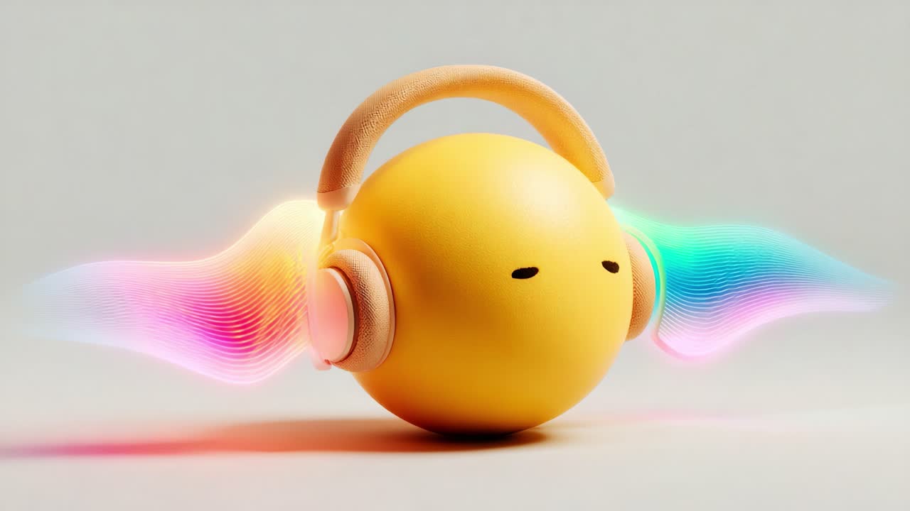 A Vibrant Yellow Sphere with Headphones, Emitting Colorful Sound Waves, Capturing the Essence of Music and Joy in a Whimsical and Creative Design, Perfect for a Fun Atmosphere