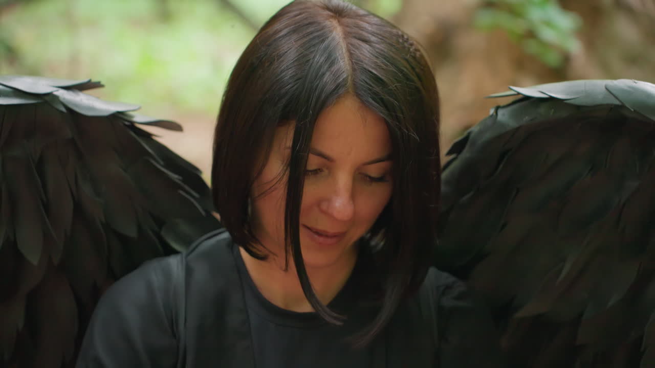 Black fairy with dark wings looks down peacefully in forest, wearing black sheer dress and soft expression. Calm and introspective mood evokes mystery, magic, and quiet beauty