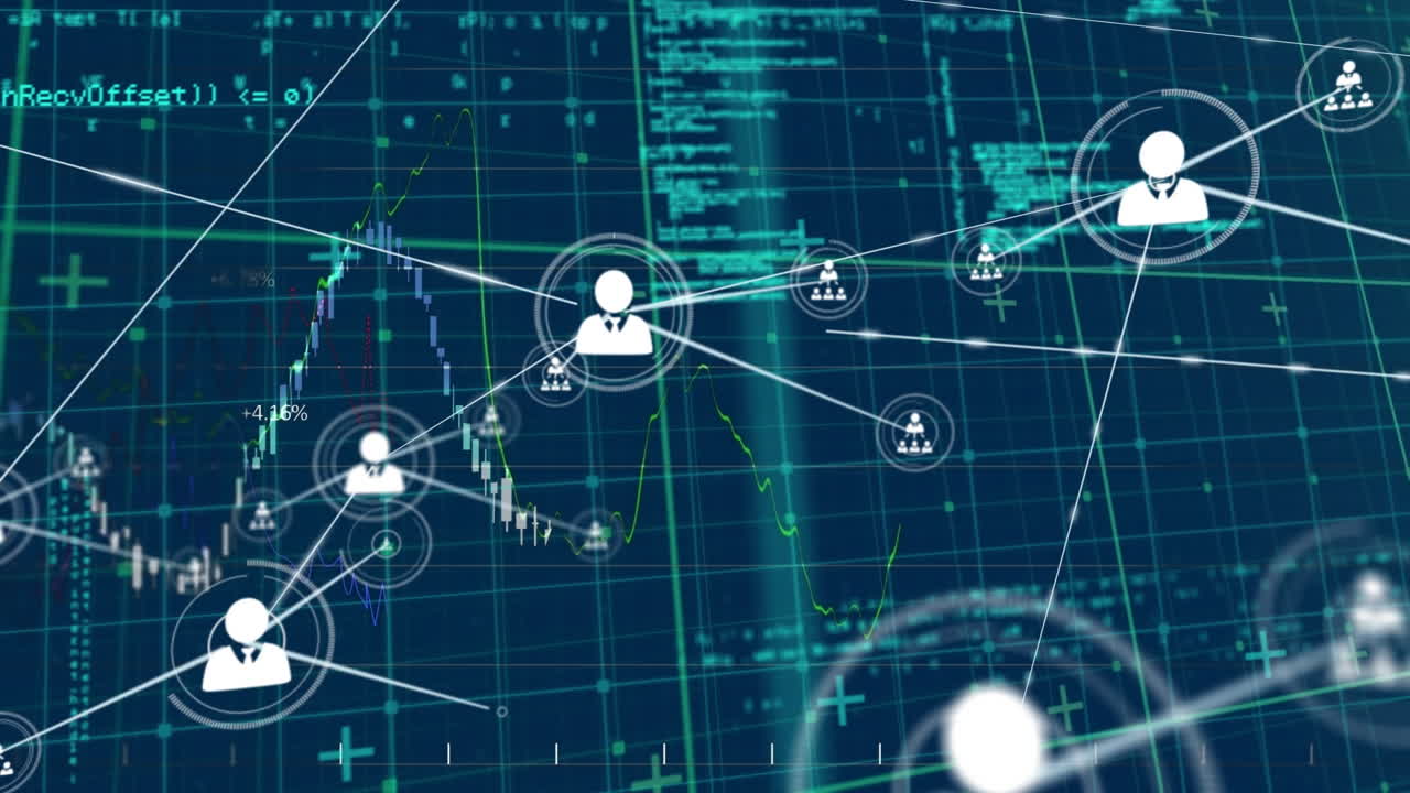 Animation of network of connections with icons over data processing on blue background
