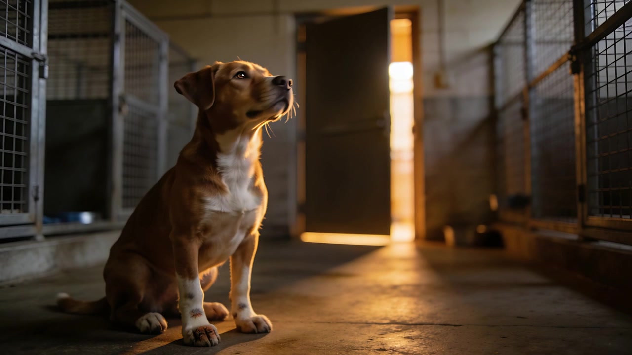 Brown dog lifting, turning head toward open door's warm backlight in kennel corridor, metal cages