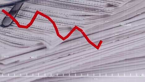 animation of graph with changing numbers over grid pattern against spectacles and newspapers