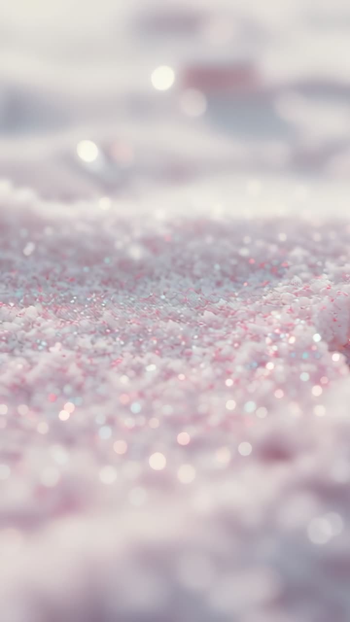 Vertical video: At start camera panning and focusing on tabletop, revealing flecks in pink crystals