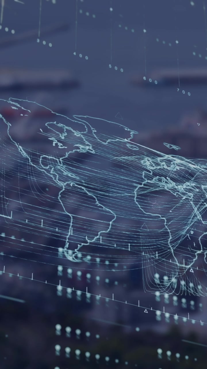 Animation of globe, loading bars and map against aerial view of port in background