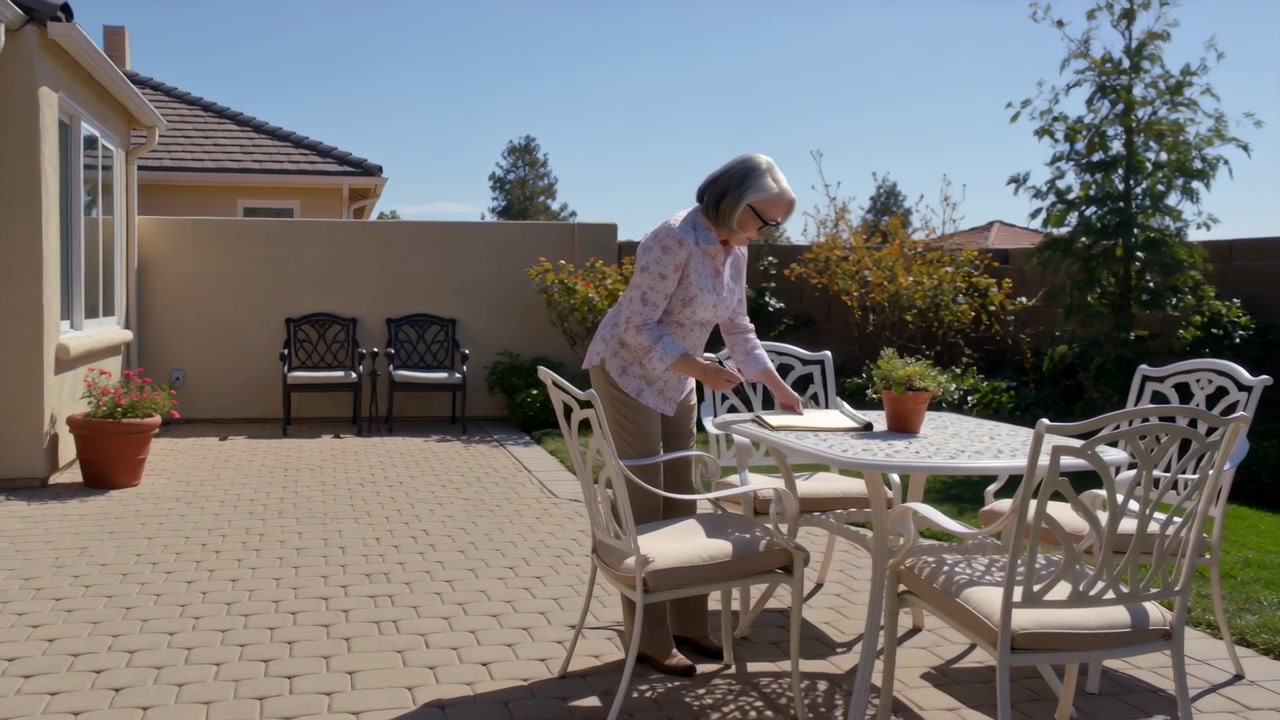 Attraversando le porte, un anziano con occhiali da sole cammina sul patio leggendo il giornale, per poi posarlo sul tavolo.