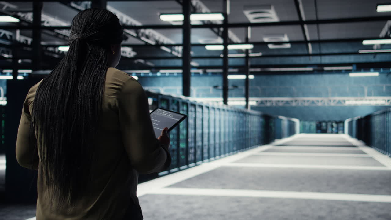 Engineer in data center using tablet to deploy secure server architecture