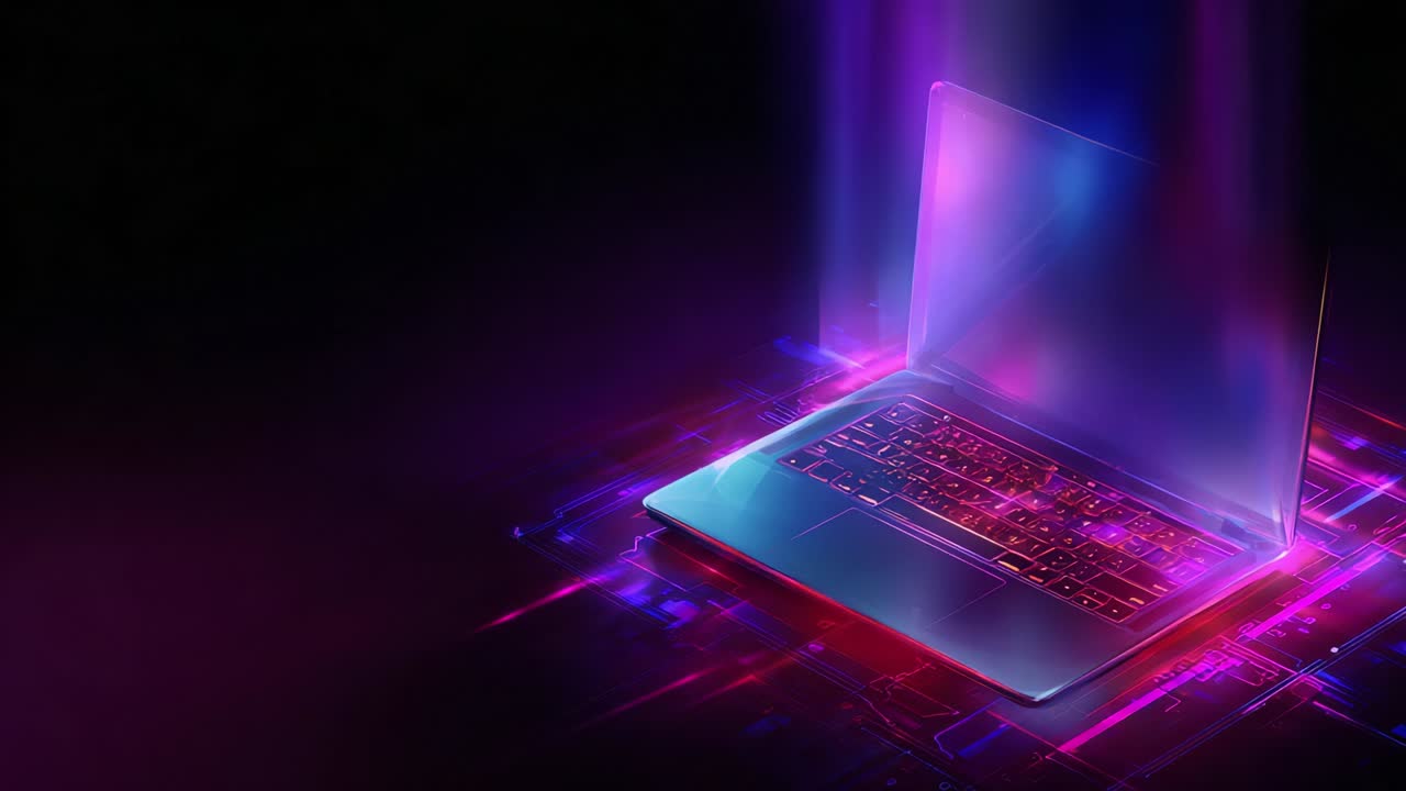 A stunning visual representation of a futuristic laptop emanating vibrant light and energy, symbolizing advanced technology and digital evolution, with a captivating glow in a dark backdrop