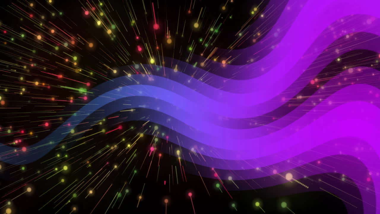 Layered wave bands flowing in animated illustration, radiating colorful particles bursting outward