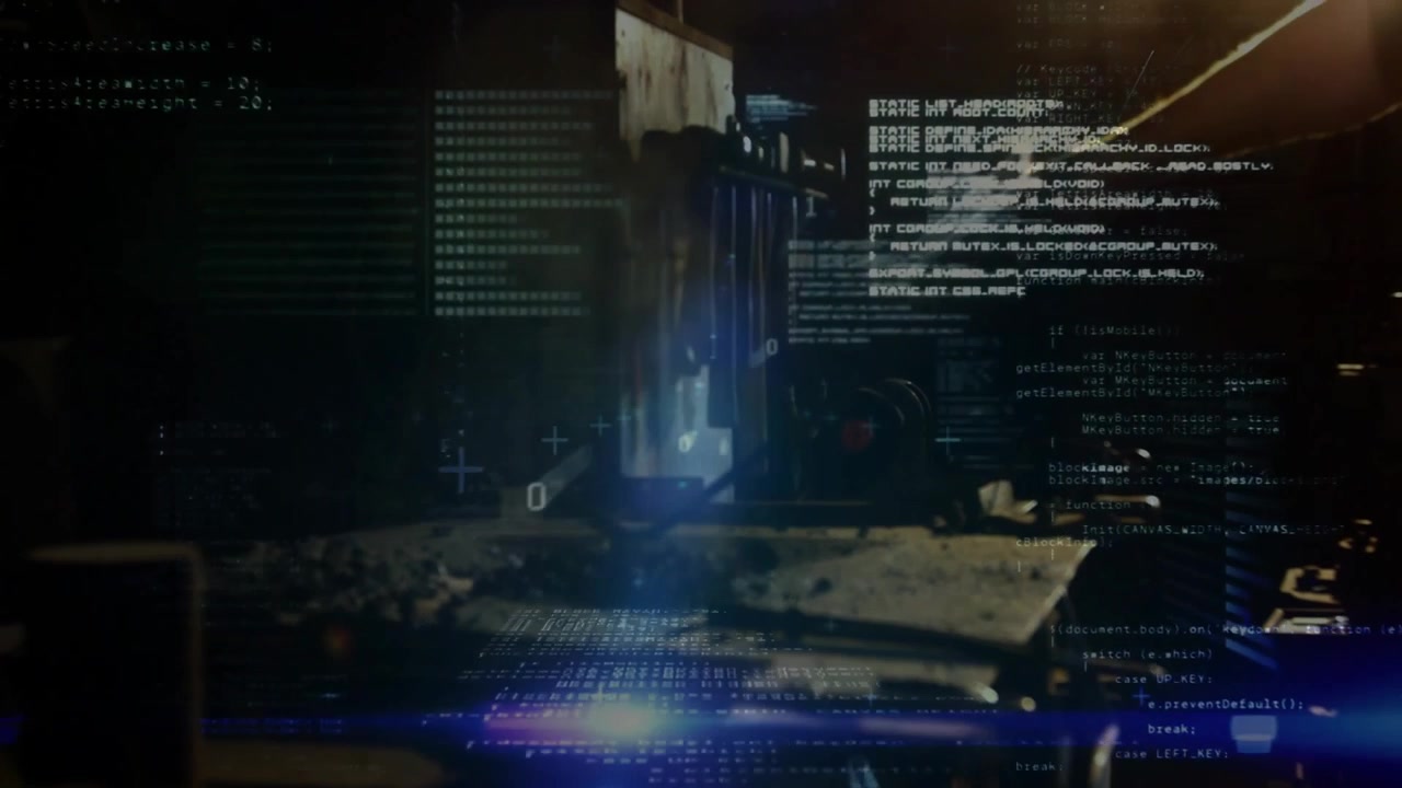 Scrolling code overlaying dusty workshop and lens flares as beam scanning press revealing structure