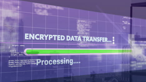 Displaying bold encrypted data transfer text with bright green loading bar over grid and CSS code