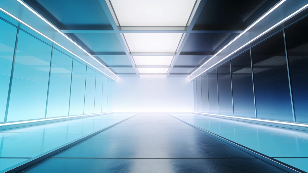 Glowing vanishing glow drawing futuristic passage ahead in studio reflecting floor panels and LEDs