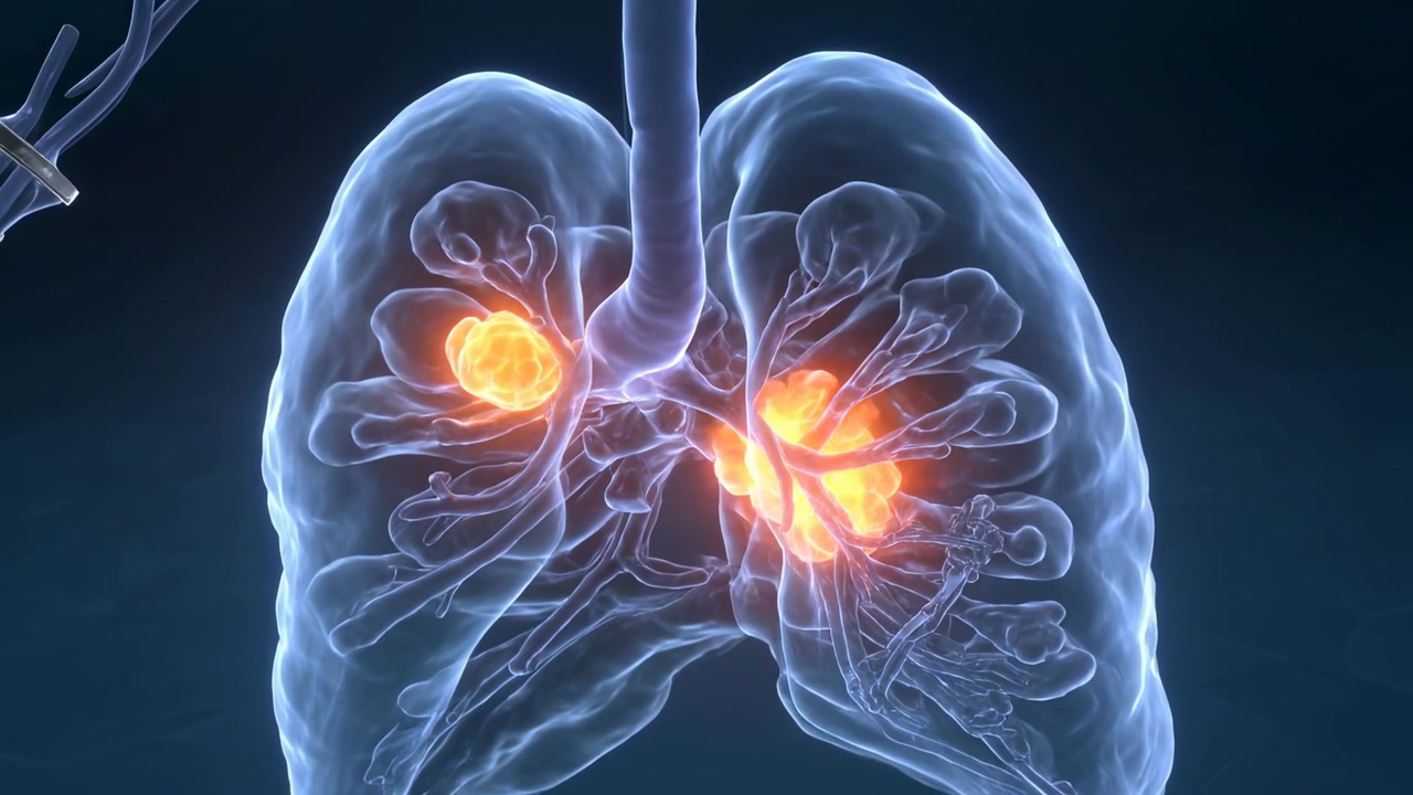 Zoom della telecamera che mostra polmoni chiari pulsanti con trachea, vie aeree che evidenziano noduli in laboratorio, con guide.