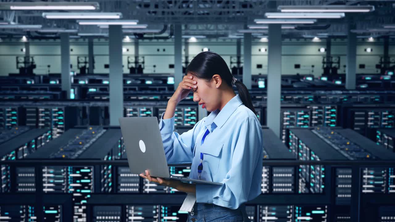 Side View Of Asian Business Woman Not Satisfied And Shakes Her Head While Using Laptop Computer In Data Center