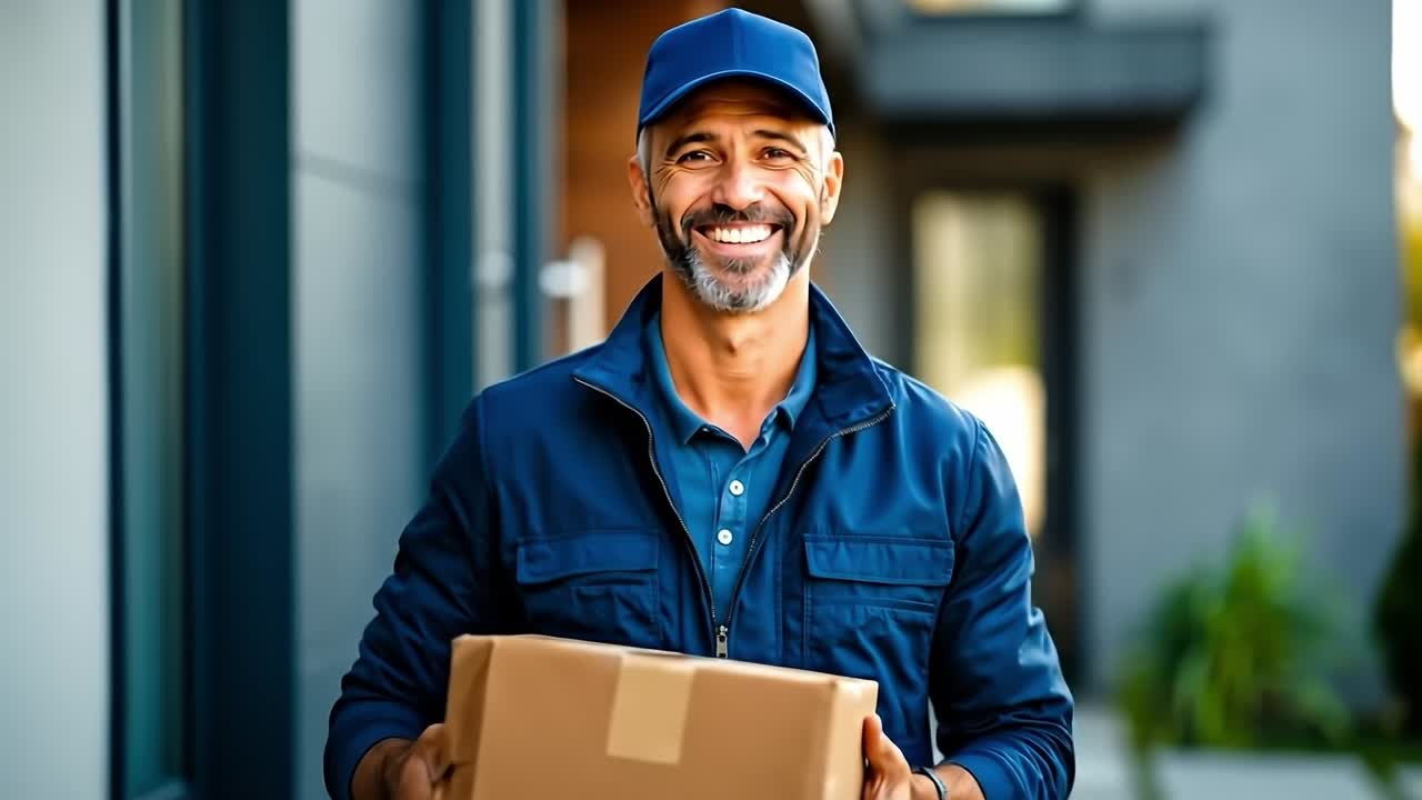 un hombre de entrega sonriente sosteniendo una caja de cartón