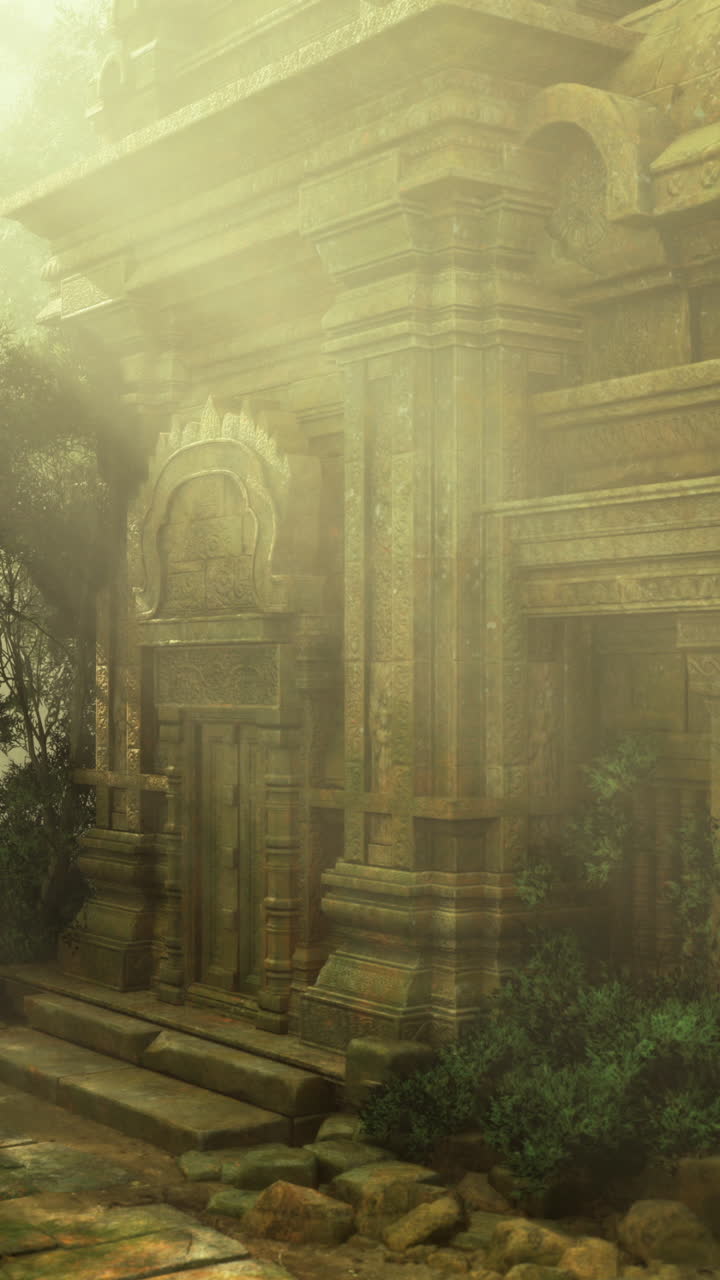 Ancient temple ruins surrounded by lush greenery and misty atmosphere