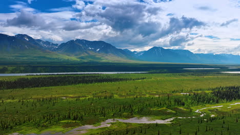 alaska summer wilderness. vast green landscapes stretch towards distant mountains under a blue sky, showcasing alaska pristine natural beauty