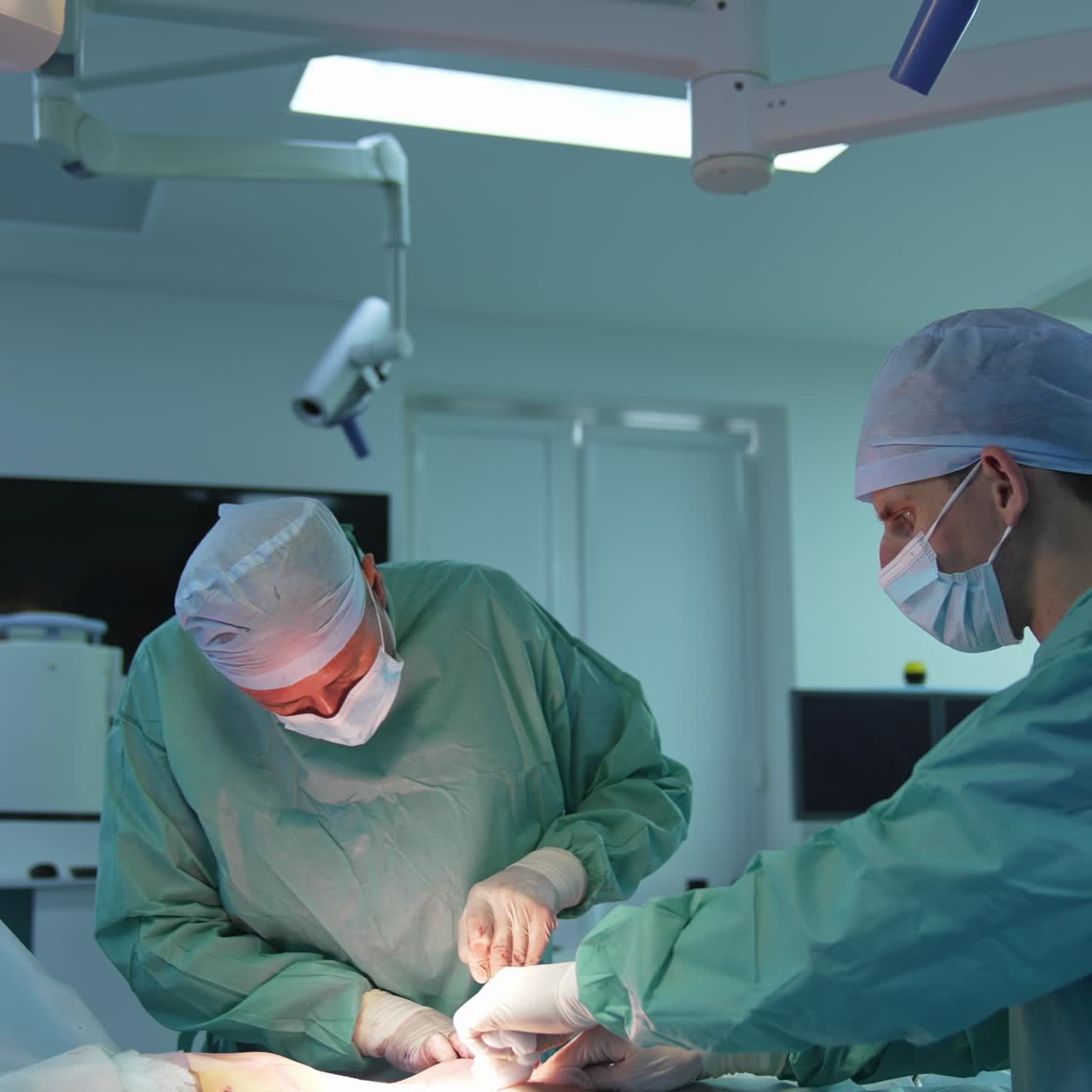 Teamwork of surgeons. Doctor and assistant perform liposuction in the operating room. Surgical process for removing fat from patient's abdomen in hospital